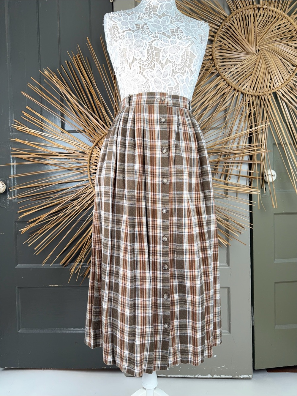 Vintage Orvis Brown Plaid Flannel Button Front Peasant Cottage Skirt Womens 12